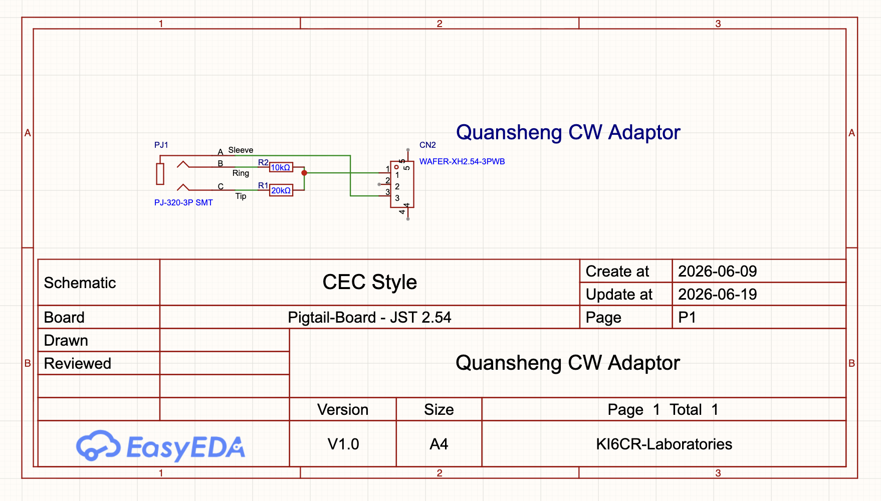 CEC Style Quansheng CW Adaptor schematic showing the 20k ohm and 10k ohm resistor wiring used in the KI6CR-LABS adapter